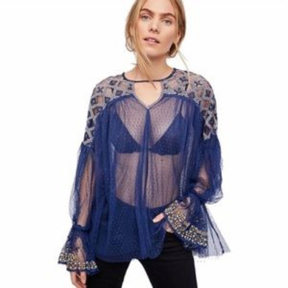 Free People Joyride Sheer Blue Top OB715250